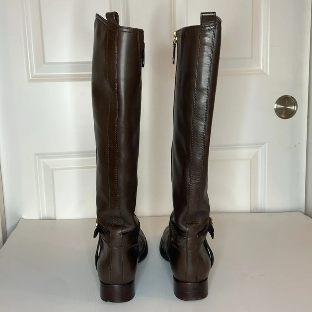 Tory Burch Riding Bristol Boots Women’s Sz 8 Brown Coconut Gold Leather Side Zip